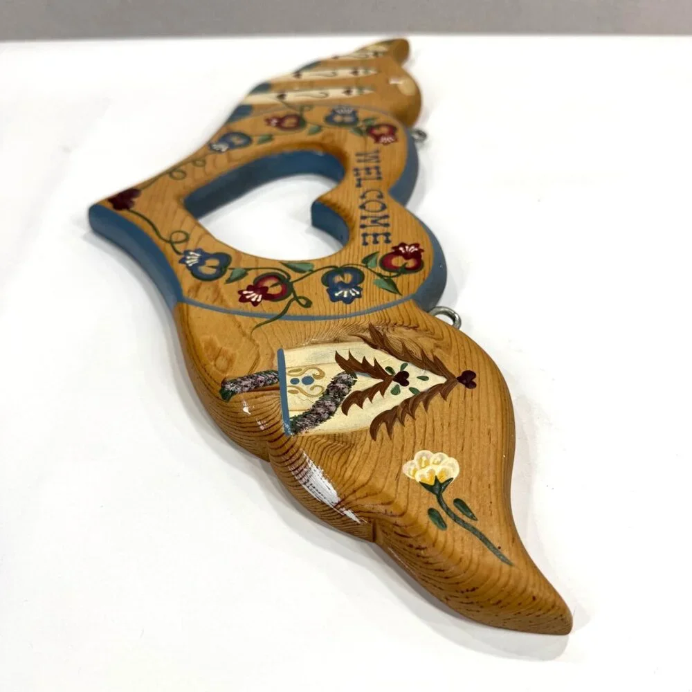 Vintage Hanging Welcome Sign Heart Painted Folk Art Floral Mexico Handcrafted